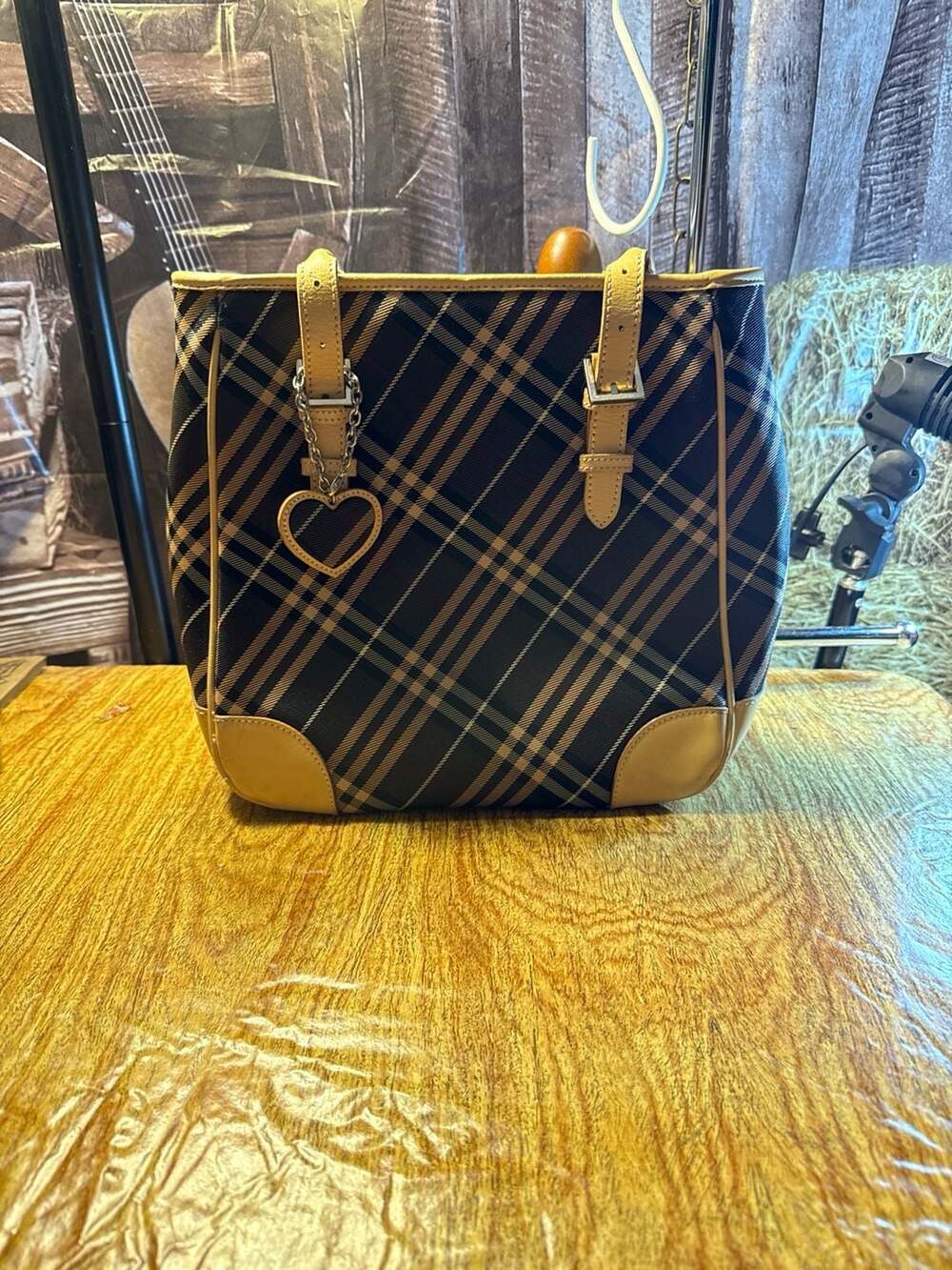 Burberry Blue Label Diagonal Plaid Check Tote Bag with Heart Charm